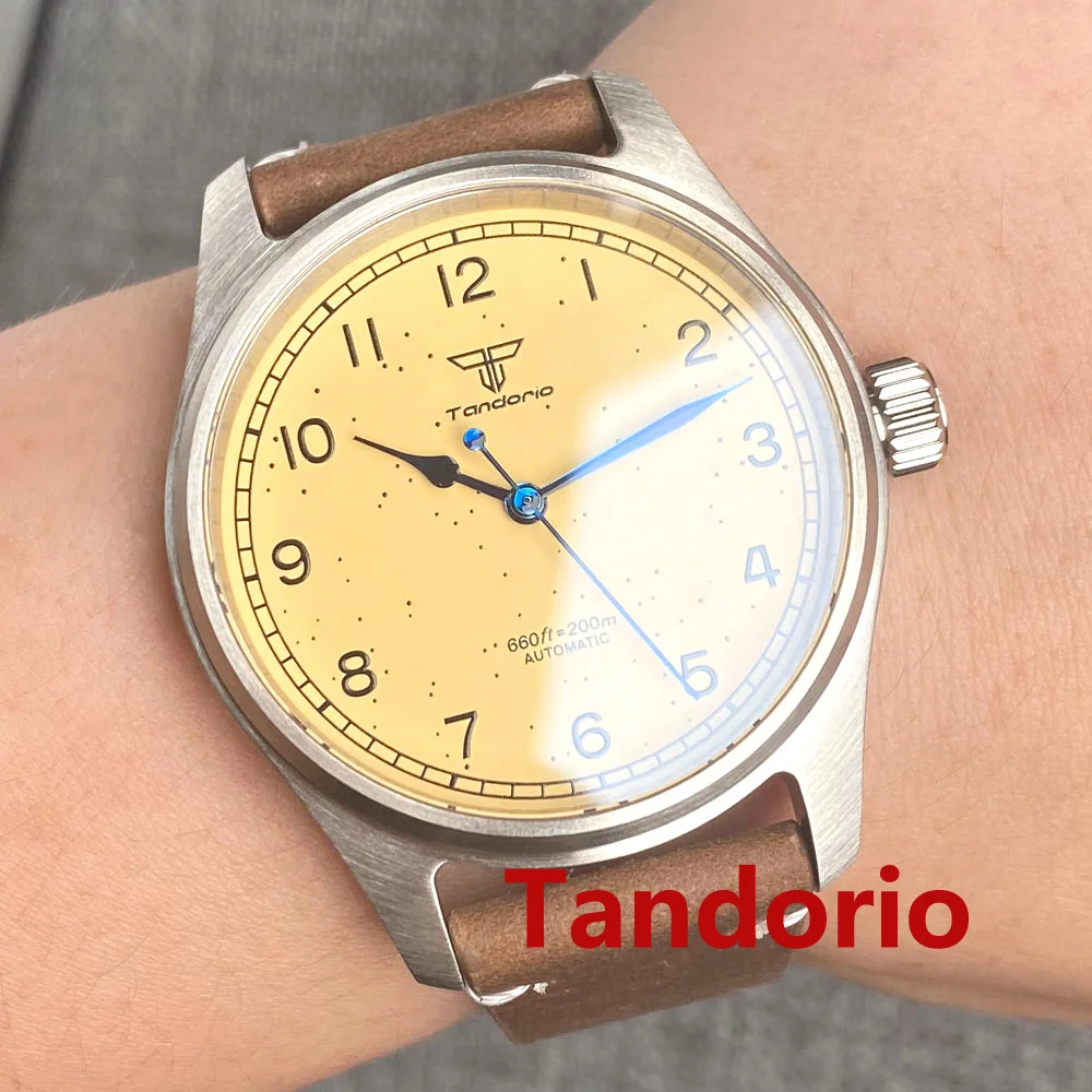 Tandorio 39mm Yellow Star Sterile Dial Sapphire Grass 20ATM Diving Japan NH35A PT5000 Automatic Pilot Aviator Brushed Mens Watch