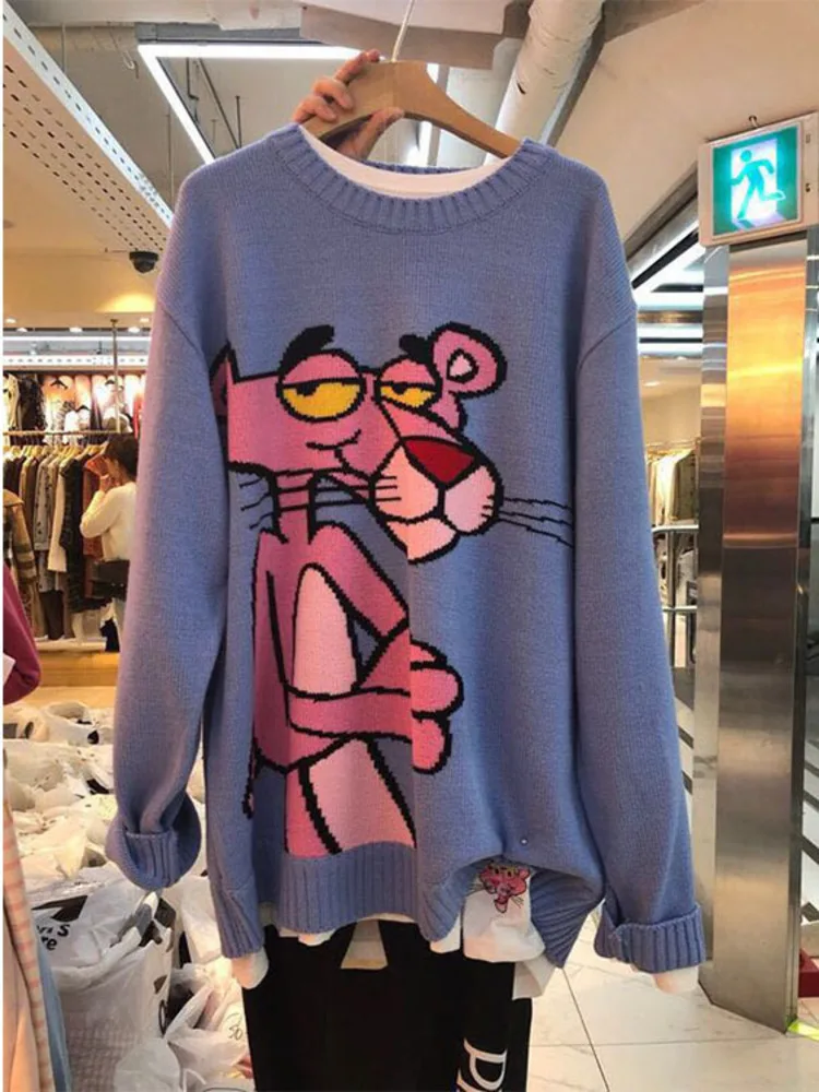 Свитер Женский вязаный с леопардовым принтом круглым вырезом свободный в