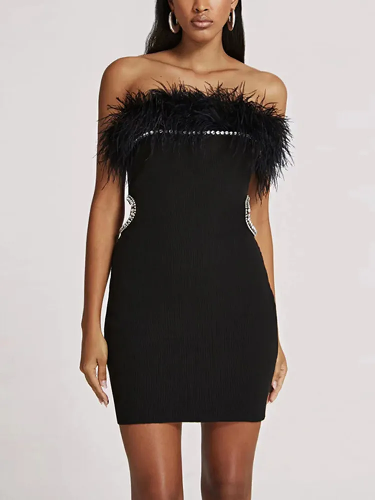 

Laura Kor 2023 Summer Women Sexy Strapless Backless Beading Feather Black Mini Bandage Dress Evening Club Party Dress