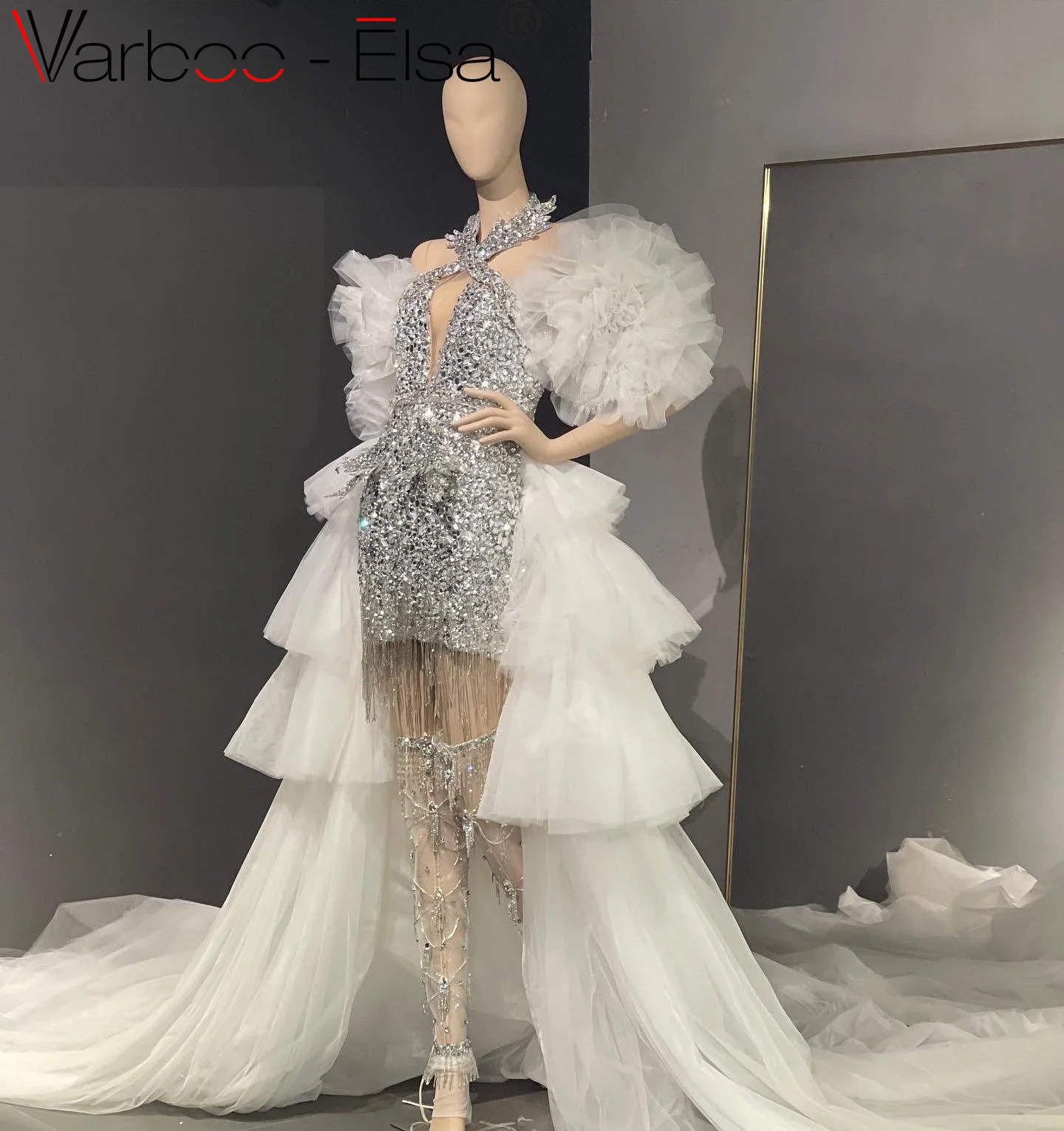 

Varboo_Elsa Dubai Heavy Crystal Beaded Short Evening Dress Halter Crystals Ruffle Prom Gowns With Detachable Train Custom Made