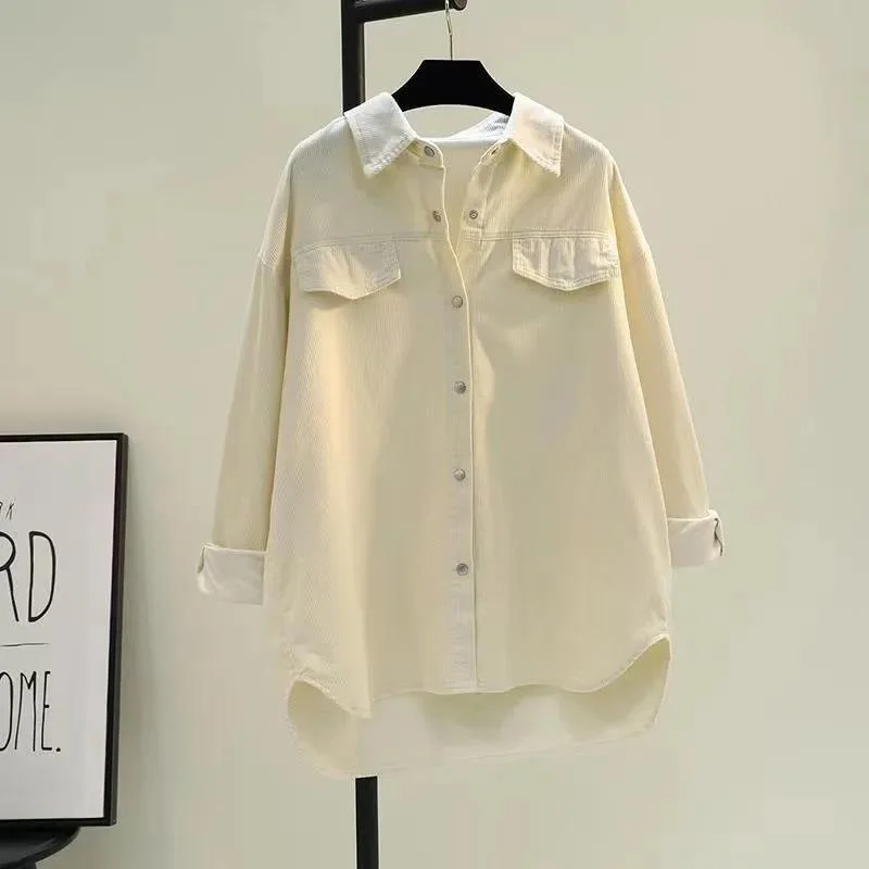 

Mid length corduroy blouse shirt for women Spring 2023 new Korean loose casual solid long sleeve cardigan blouse shirt outer
