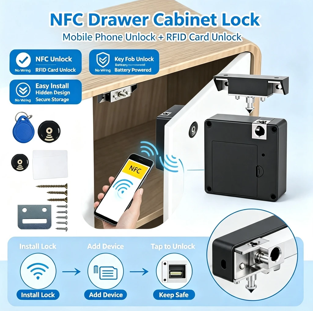 Фото Электронный замок для умного шкафчика с NFC для мобильного телефона, RFID 13.56 МГц, невидимый датчик для мебели, замок для шкафа, ящика, двери. №1