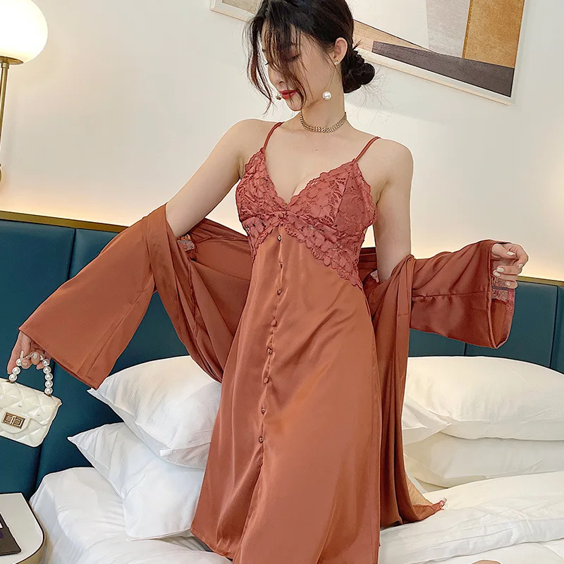 

Two Pieces Kimono Robe Bath Gown Suit Women Sexy LACE Lingerie Satin Bathrobe&Suspender Nightdress Set Nightgown Loungewear