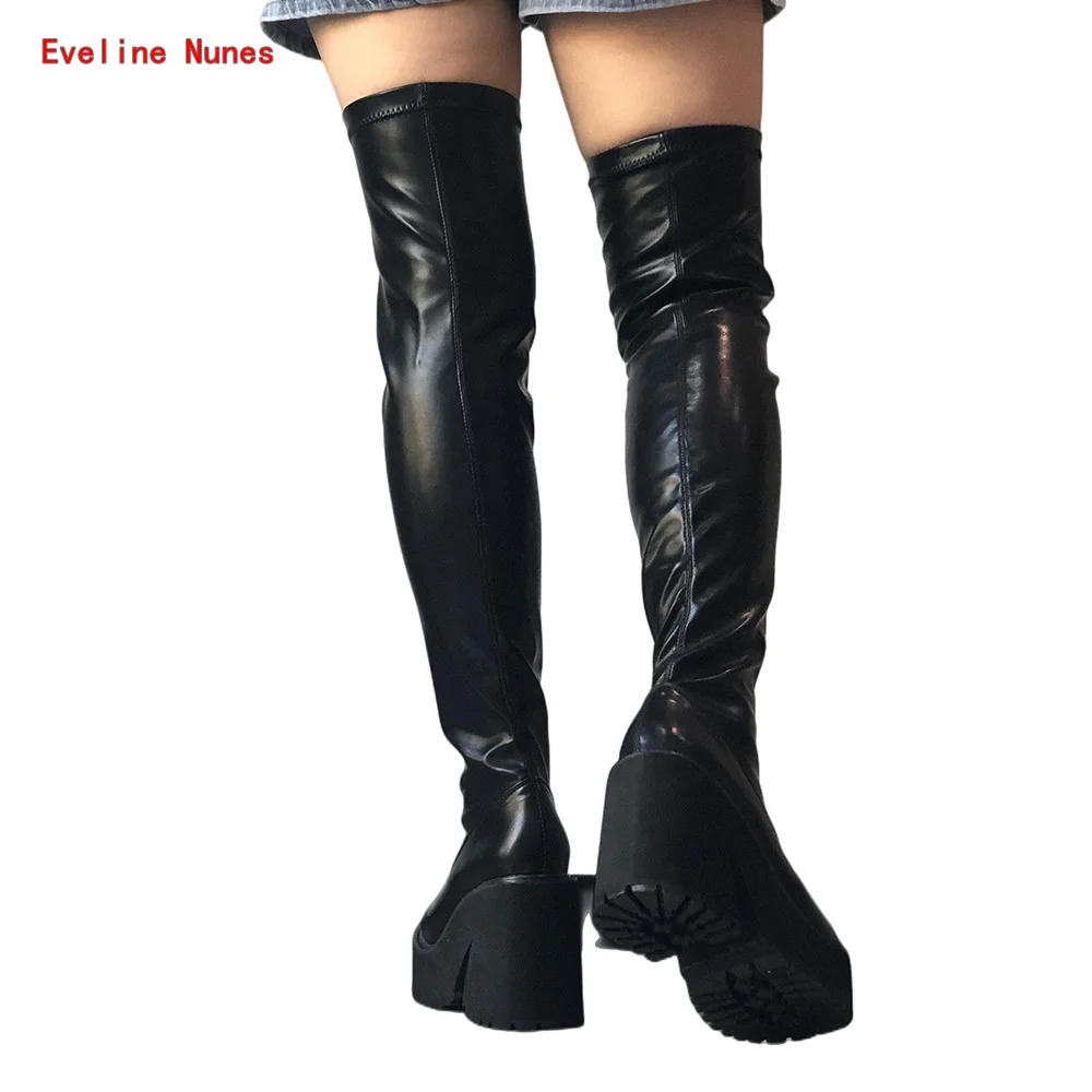 Black Platform Boots 2022 New Arrival Solid Over-the-knee Round Toe Chunky Heel Patent Leather Party Women's Fashion Shoes