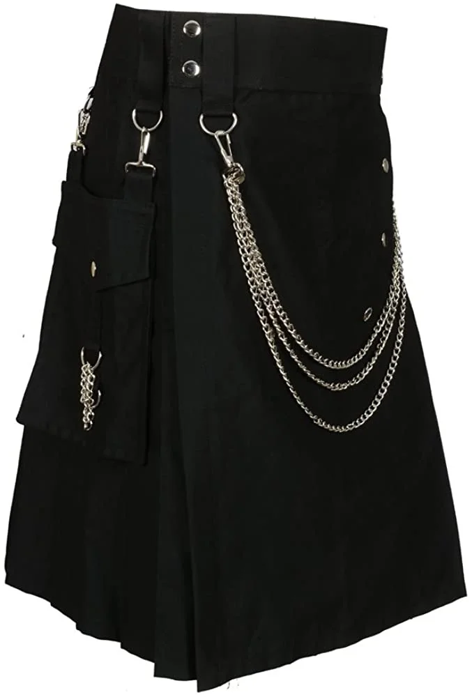 2023Scottish Black Fashion Utility Kilt With Silver Chains