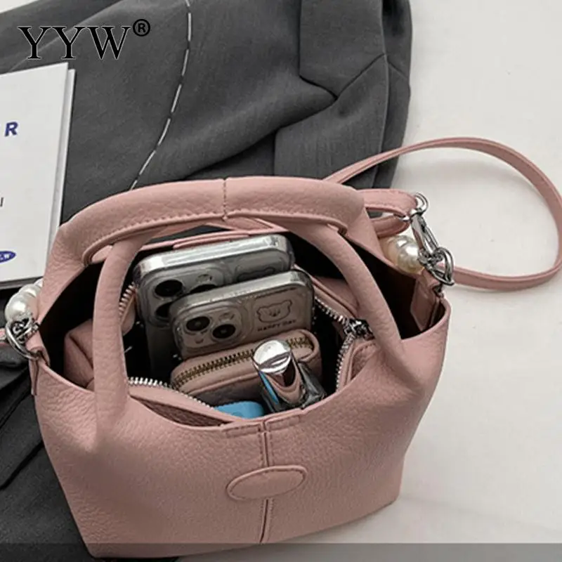 Crossbody Women Handbag Lychee Pattern PU Leather Designer Large Capacity Tote Bag with Pearl Chain Portable Handheld Package