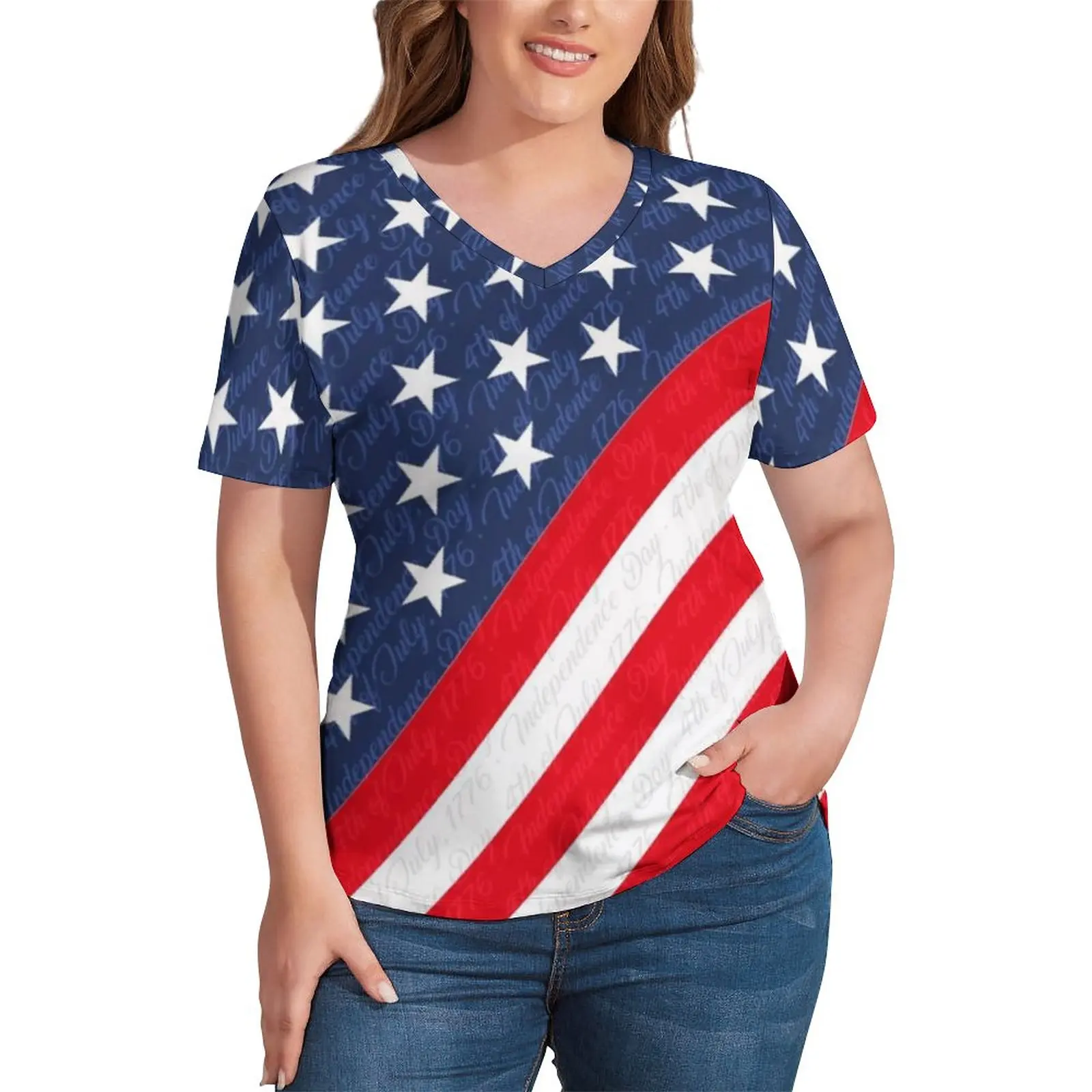 

Star Flag Pirnt T-Shirt Plus Size USA 4th of July Independence Day Harajuku T-Shirts Women Short Sleeve V Neck Casual Tees