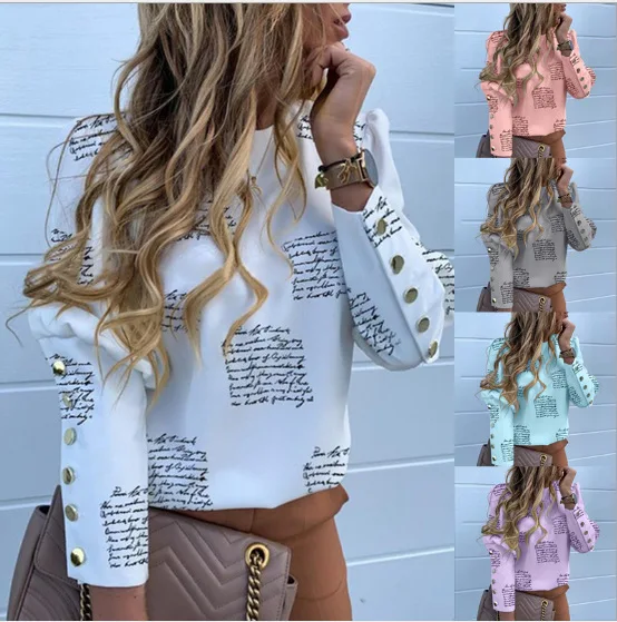 

2022 spring and summer new women's button long-sleeved printed shirt top
