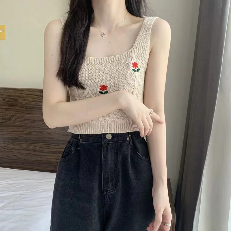 Женский укороченный топ с жемчужинами вязаный крючком Топ без рукавов цветочной