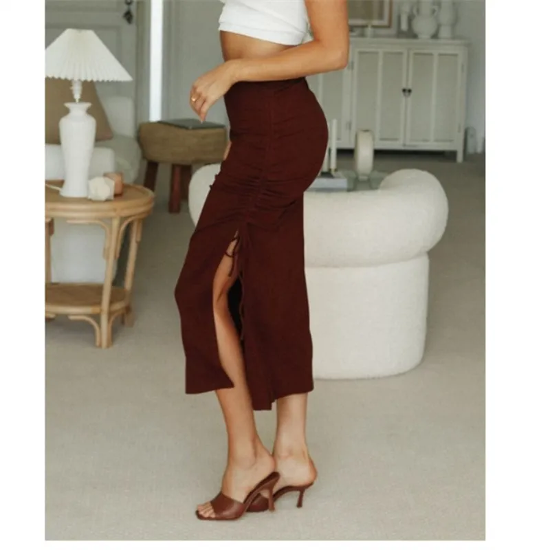2022 European And American Split Knitted Slim Skirt Fashion Pleated Lace Up Women's Sexy Hip Long Skirt Girl Wine Red