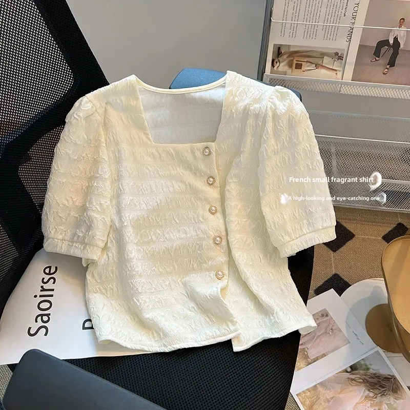 Лето 2024 новый стиль французский квадратный воротник чувственная нишевая рубашка