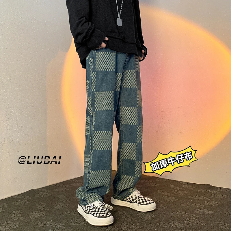 Blue Black Baggy Jeans Men Fashion Retro Plaid Jeans Men Japanese Streetwear Hip Hop Loose Straight Denim Pants Mens Trousers