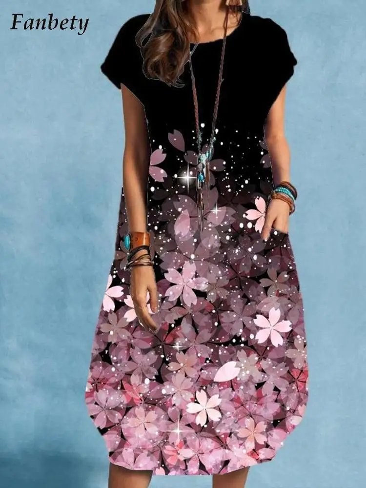 

Vintage Pattern Print Party Dresses 2022 Summer Fashion O Neck Loose Dress Ladies Spring Casual Short Sleeve Beach Dress Pocket