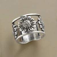 retro creative simple silver color sunflower lady hollow tournesol ring jewelry friends party engagement anniversary gift