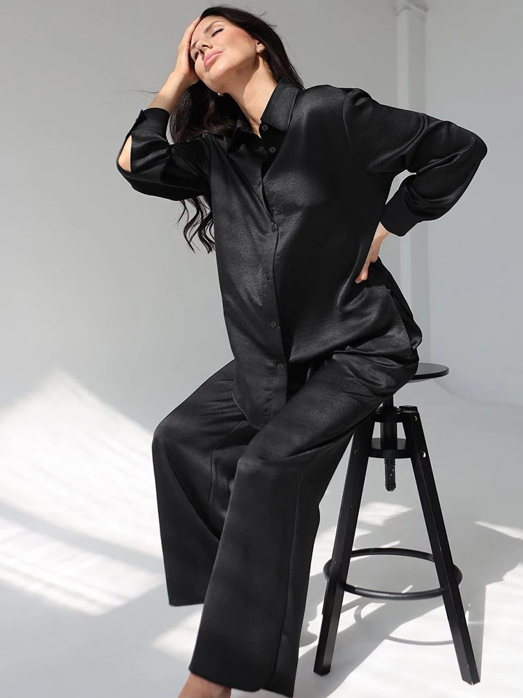 

Свободная Женская домашняя одежда Linad, комплект из 2 предметов, черная пижама с длинным рукавом, женские повседневные брючные костюмы, весна ...