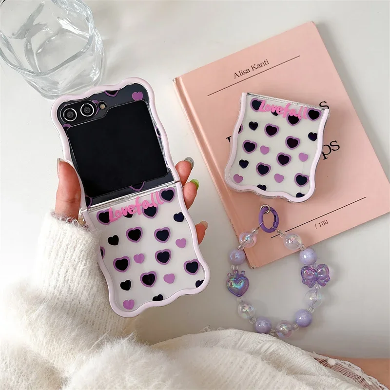 Чехол-браслет Ins Love Heart для телефона Samsung Galaxy Z Flip 6 3 4 5 Wave прозрачный противоударный