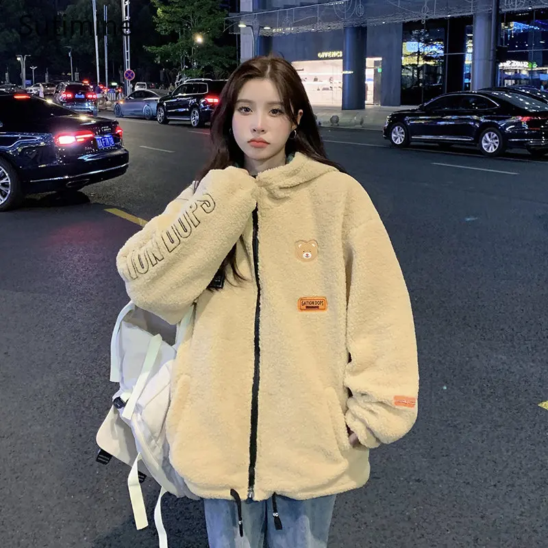 Winter Clothes Women Office Lady Lamb Wool Cotton Coat Women's Cashmere Thickened Pockets Zipper Hooded Winter Coat Women