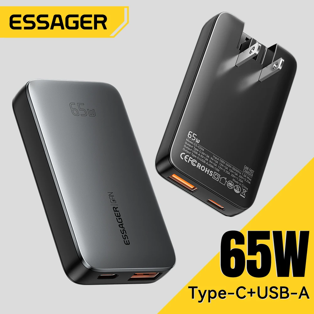 Essager 65 Вт GaN Ультратонкое зарядное устройство для быстрой зарядки QC4.0 Type C PD USB
