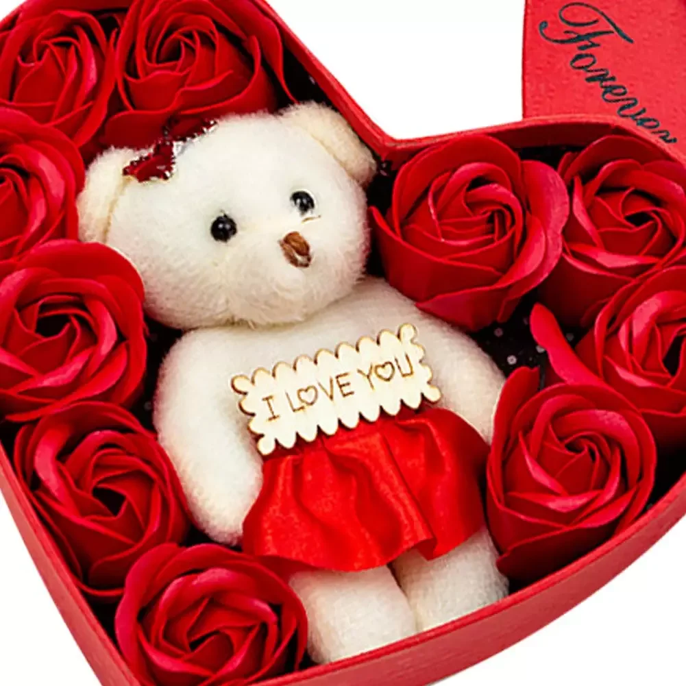 

Heart-Shaped Artificial Rose Flowers Bear Gift Box Valentine Romantic Wedding Party For Girlfriend Wife Romantic Present