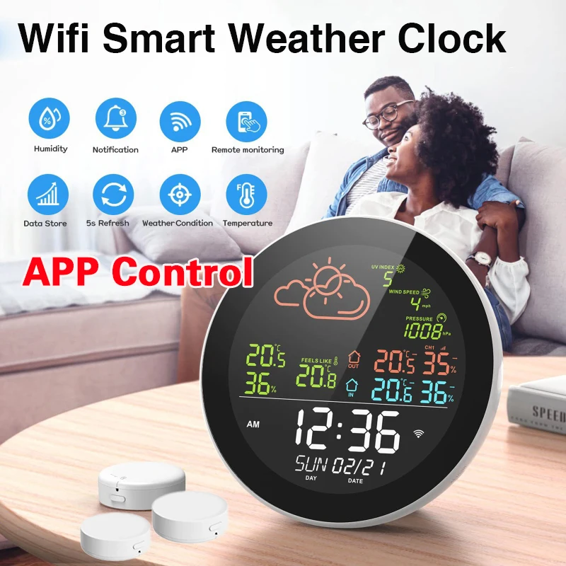 

WIFI Smart Weather Station Clock Home Environment Thermometer Humidity Meter Sensors Digital Clock Weather Forecast Calendar
