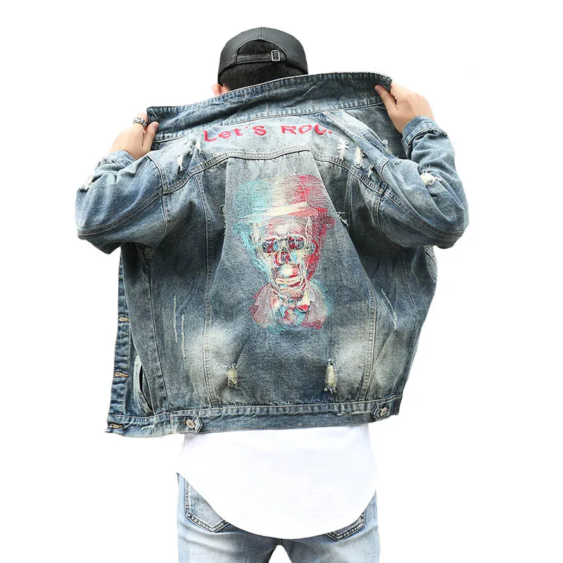 

Streetwear Style Frayed Hole Skulls Denim Jackets Men Clothing Retro Lets Rock Embroidery Cowboy Coat Casual Loose Outerwear