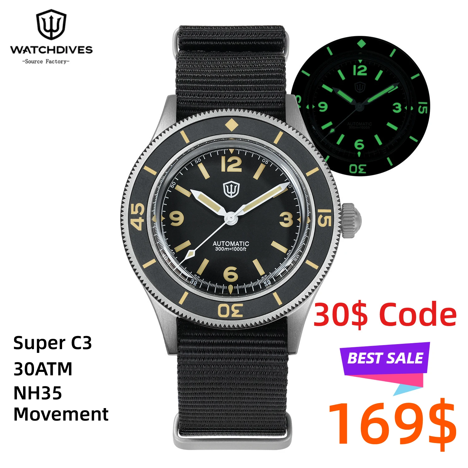 Фото Watchdives WD50Ti Титановые автоматические часы для дайвинга 300M NH35 Мужские механические часы с сапфировым стеклом и керамическим безелем Super Luminova C3 BGW9 №1