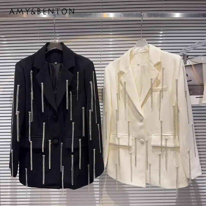 

Женская одежда, Новинка осени 2023, костюмное пальто, блейзеры с подкладками на плечах в стиле темной социалистики с бахромой и бусинами в европейском и американском стиле, куртки