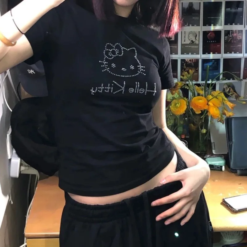 Miniso Горячие бриллианты HelloKitty милые майки мультфильм Kitty Cat печатные Y2k