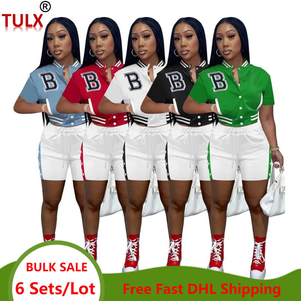

6 комплектов, бейсбольный костюм для женщин, комплект из двух предметов, куртка с принтом в и шорты с пуговицами, летняя одежда, 7762
