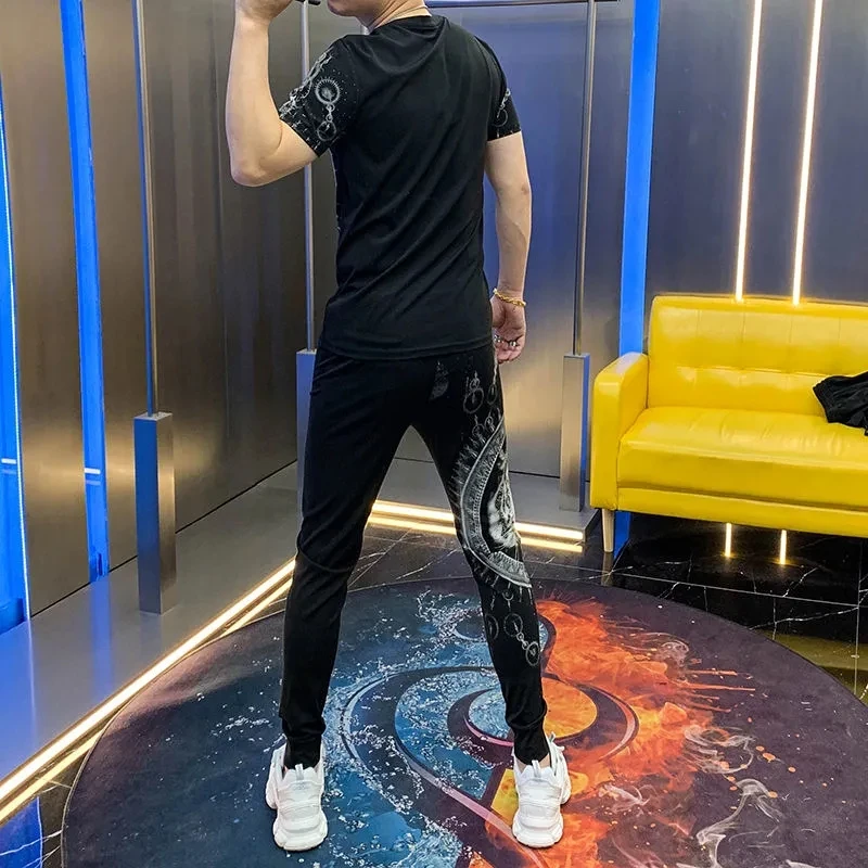 Men's Sets Fashion Clothes T-shirt Trousers Hot Drill Tiger Head Sports Ice Silk Casual Wear Two Piece Set Summer  Sport Wear