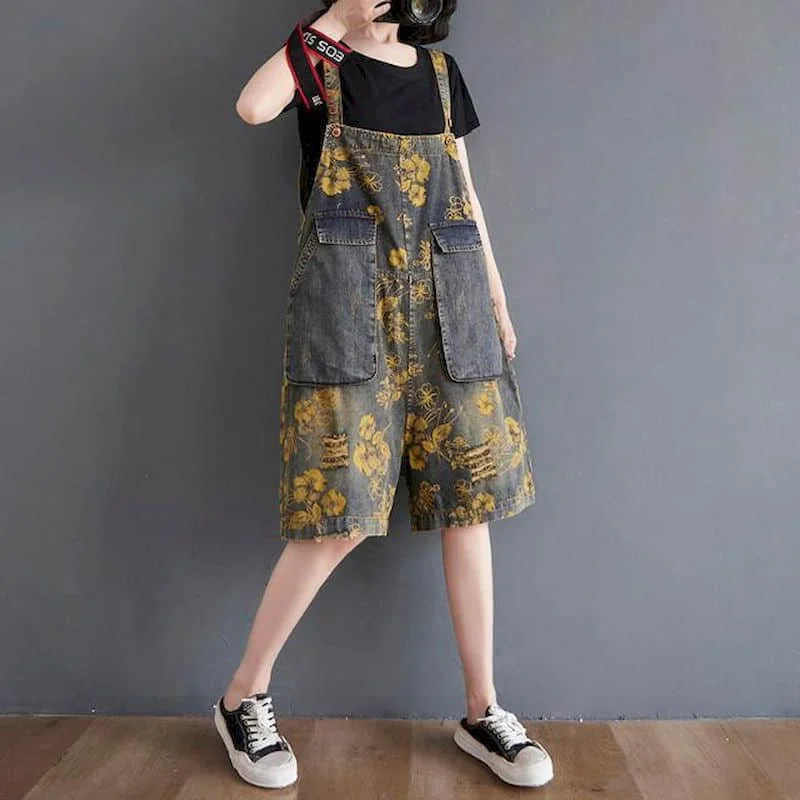 Джинсовые комбинезоны, брюки оверсайз с принтом, повседневные широкие шорты с карманами, женская одежда