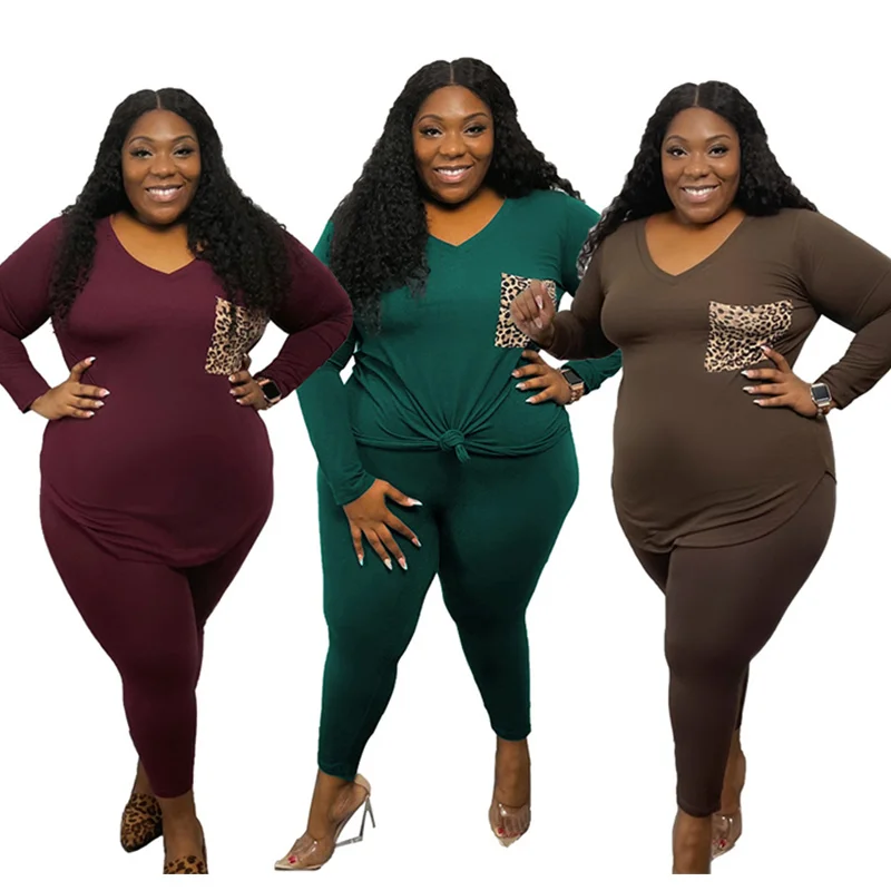 Plus Size Women Clothing Fashion 5xl Long Sleeve Top and Pants Leopard Loungewear Knit Two Piece Set Wholesal 3xl 4xl 5xl 6xl