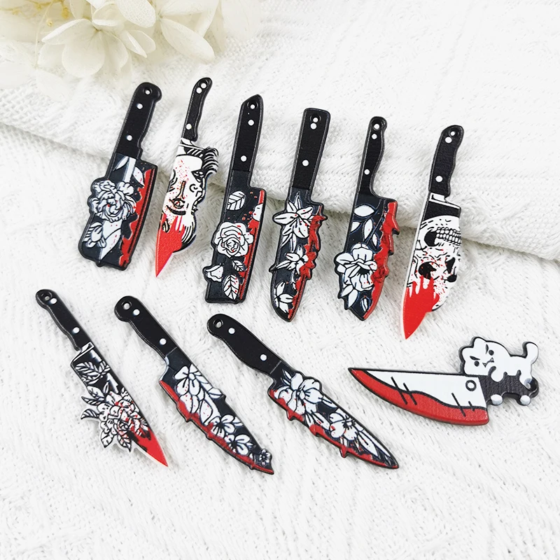 

MuhNa Mix 10pcs/20pcs/pack Halloween Bloody Flowers Knife Acrylic Charms Pendant for Earring Necklace Jewelry Making Craft DIY