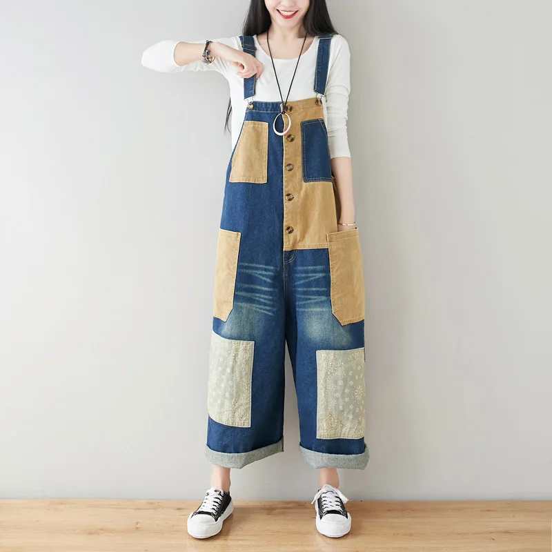 

2022 Spring Wash and White Denim Overalls Large Size Loose Literary Patch Wide Leg Pants Contrast Color Suspenders