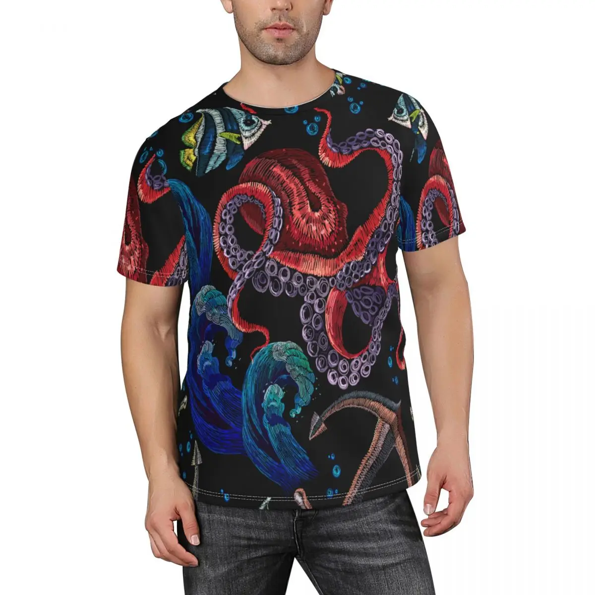 

Мужская футболка с коротким рукавом, круглым вырезом и якорем