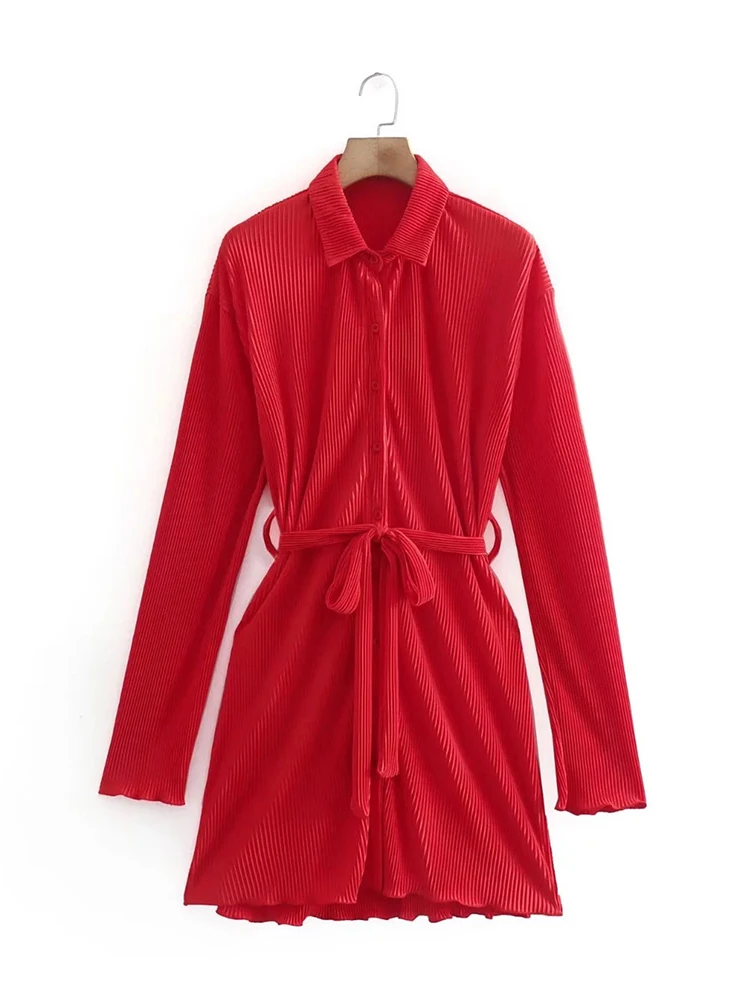 

Evfer Women Casual Shirt Style Summer Single Breasted Red Straight Mini Dress Chic Ladies Turn-Down Collar Pleated Slim Dresses