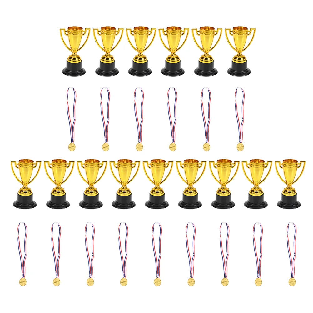 

15 Set Mini Trophy Student Sports Award Trophy Medal with Ribbon Children Toys for Game School Kindergarten (Trophy, Medals
