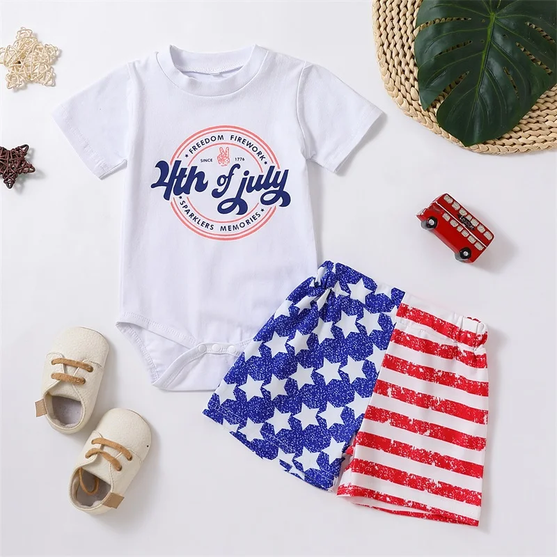 

2023-02-25 Lioraitiin 0-24M Baby Boy Fourth of July Outfits Short Sleeve Graphic Romper Stars Stripes Shorts Set