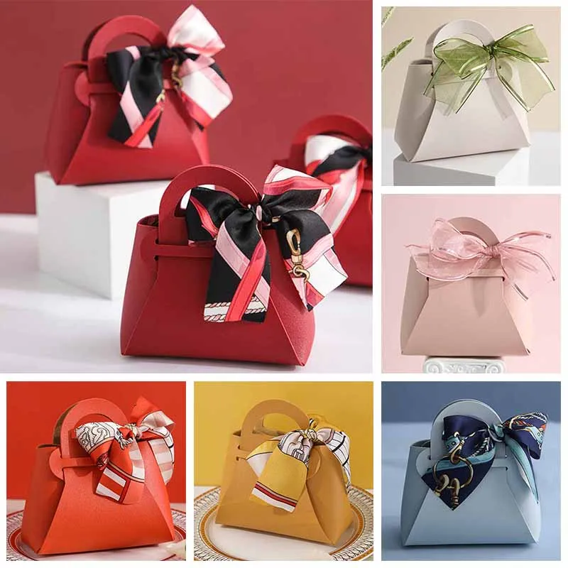 

1pc New Ins Wind Solid Color Candy Box Fake Leather Material Gift Box Creative Design Knot Wedding Candy Bag Portable One Bag