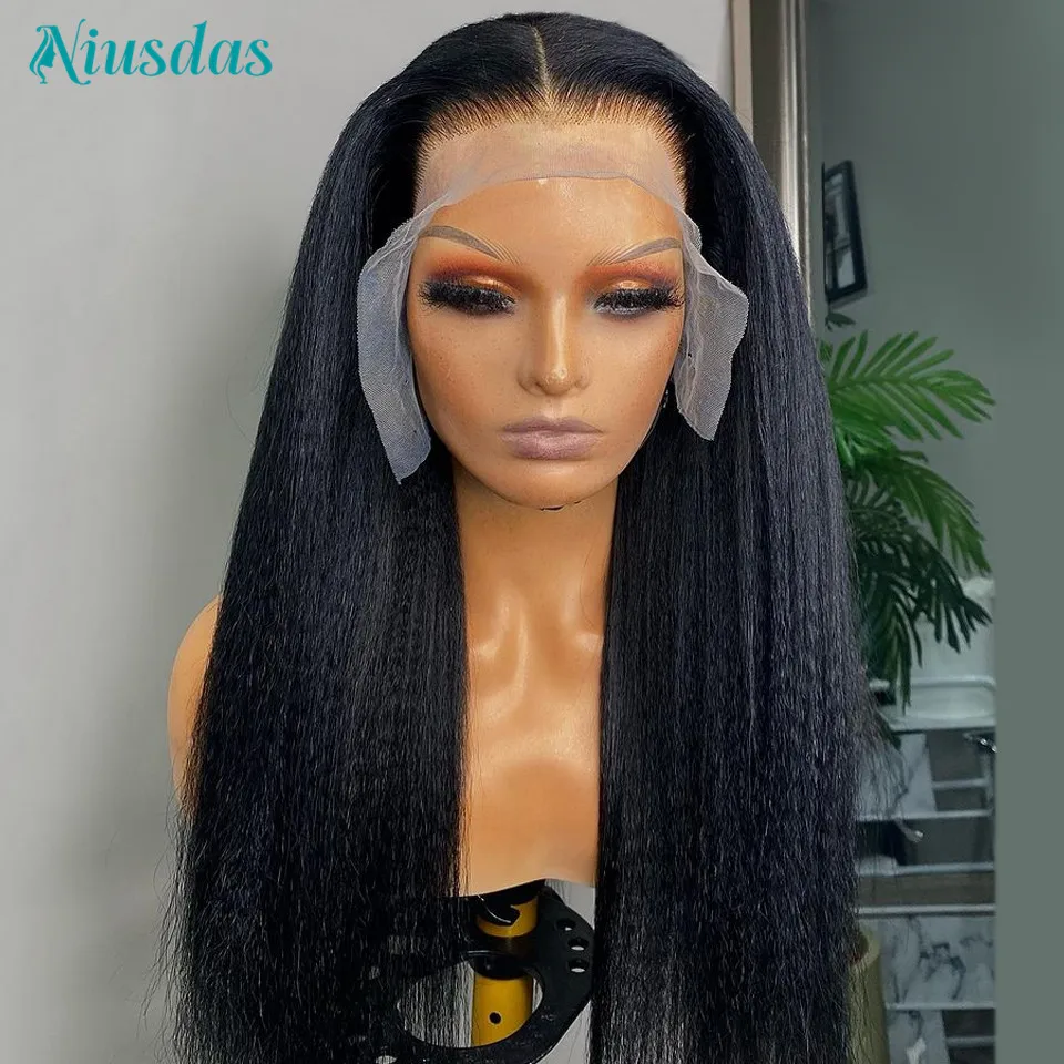 30 inch Kinky Straight Wig 13x4 Transparent Lace Frontal Wig Human Hair Pre Plucked Yaki Human Hair Wigs for Women Niusdas Hair