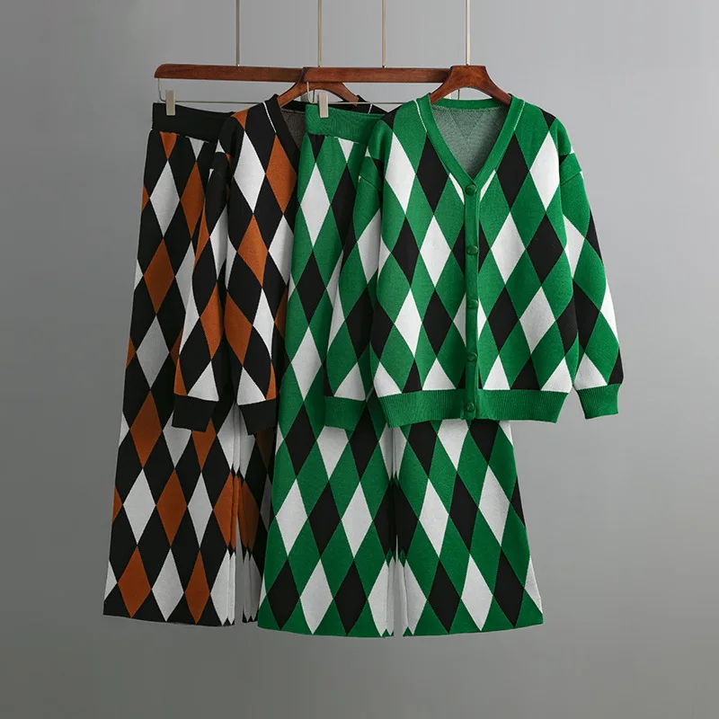 

Женский вязаный клетчатый кардиган JAMERARY, комплект из 2 предметов, джемпер и брюки с широкими штанинами, Осень-зима