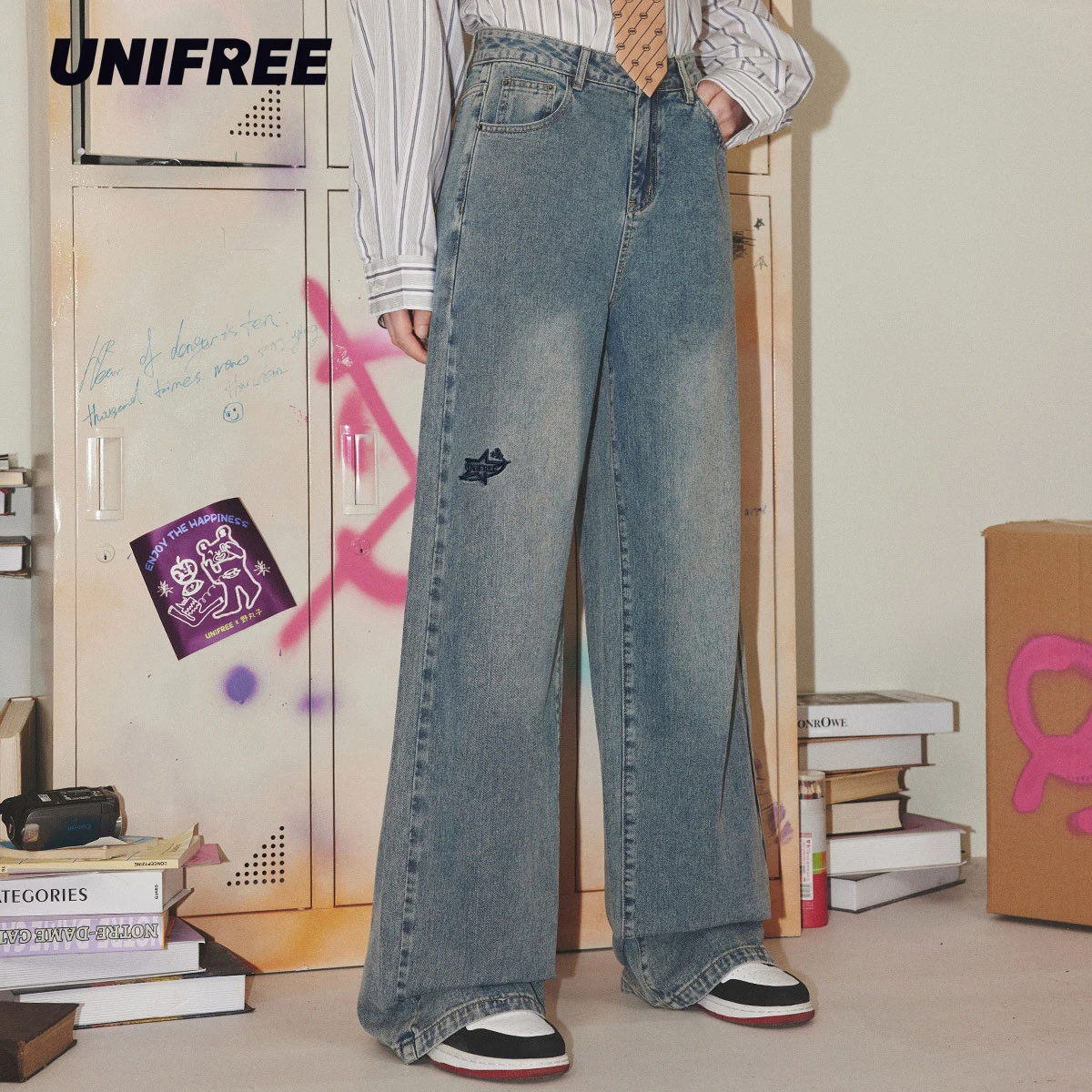 

Джинсы UNIFREE женские свободные с широкими штанинами, винтажные брюки из денима в Корейском стиле, уличная одежда, осень-зима 2023