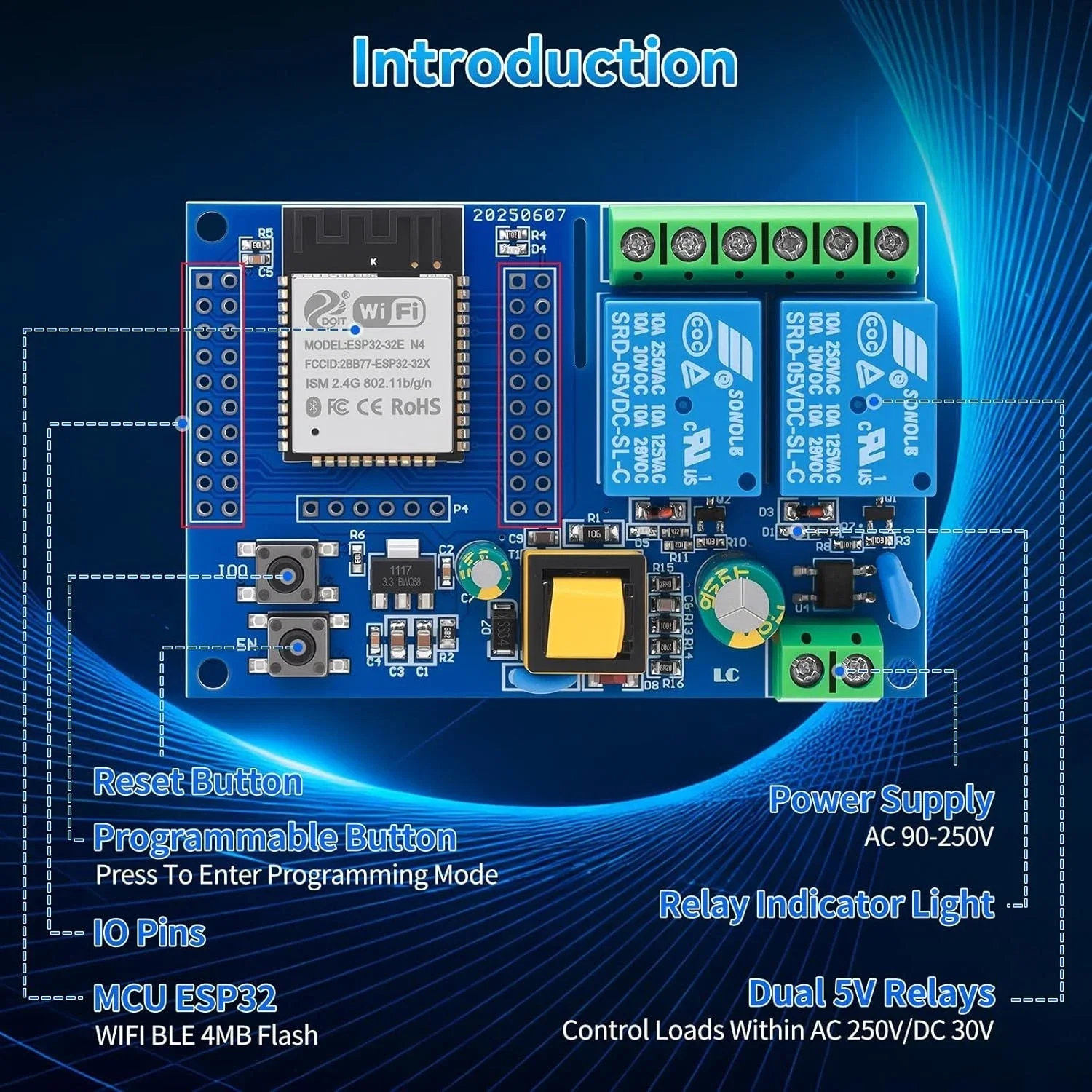 Модуль умного реле AC220V ESP32, 2-канальный, с Wi-Fi и Bluetooth, беспроводной дистанционный выключатель для управления гаражными воротами, приводом ворот, мотором, рольставнями (art.: 3920db7a56b5f) - 3920db7a56b5f