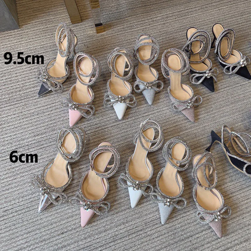 

Pointed Transparent Bow High-heeled Sandals Pearl Rhinestone Fine-heeled Banquet Slippers Female