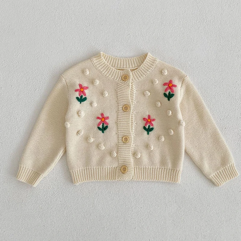 2023 New Autumn Spring Toddler Baby Girl Knitting Cardigan Newborn Baby Girls Long Sleeve Floral Embroidery Sweater Coat