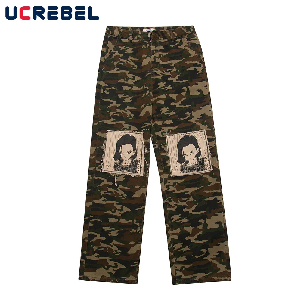 

Camouflage Denim Pants Mens Streetwear Patch Comics Loose Straight-leg Pants Punk Style Casual Jeans Men