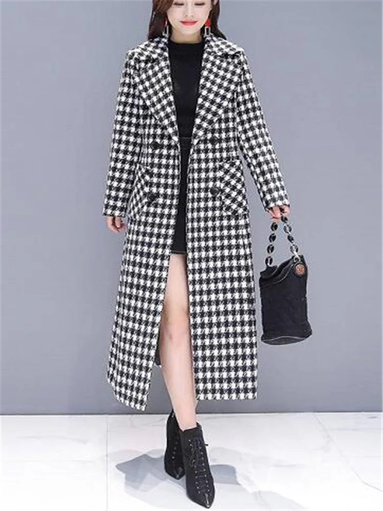 

New Wool Blends Coat Fashion Women British Outwear Plaid Slim Long Lapel Tweed Woolen Coats Pocket Slim Female Trench Mujer