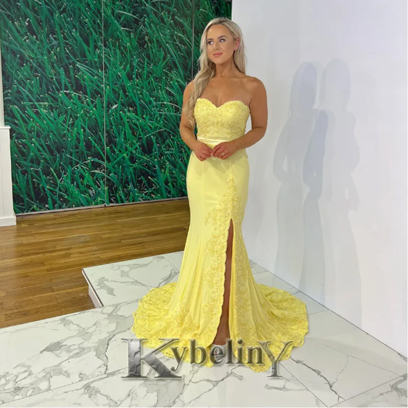 

Kybeliny Yellow Mermaid Evening Dresses Split Strapless Prom Robe De Soiree Graduation Celebrity Vestidos Fiesta Women Formal