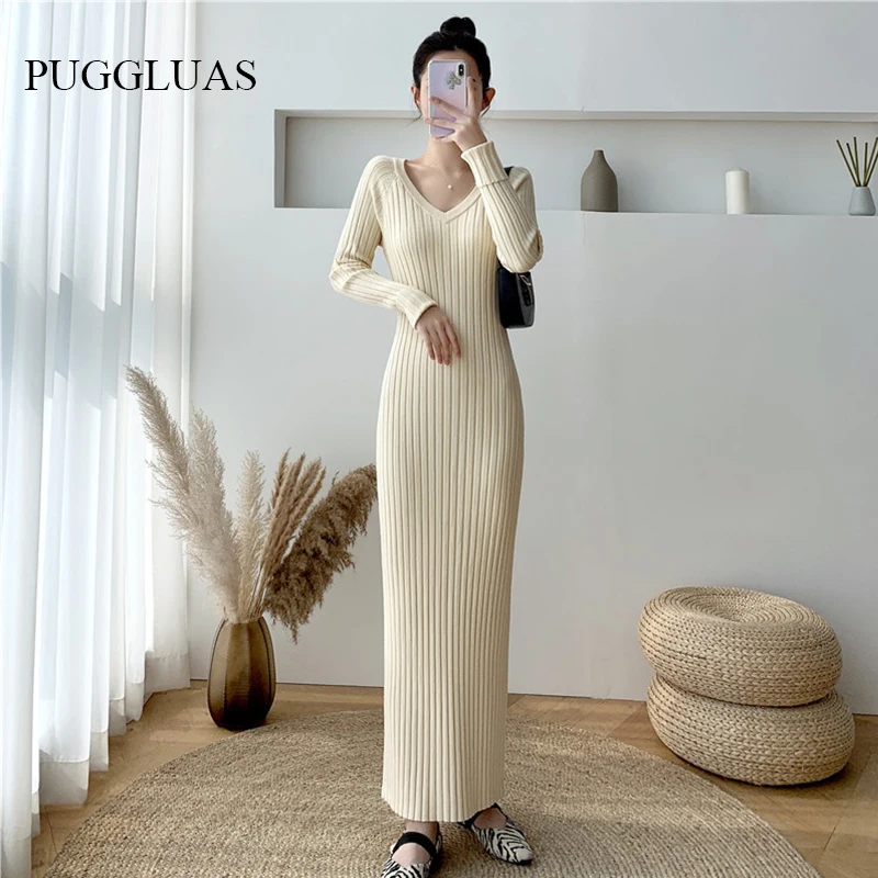 Купи Women Autumn Winter Ribber Knit Long Sleeve Dress V Neck Skinny Slim Sexy Knitdress Black White 2022 Lady Fashion Casual Clothes за 1,379 рублей в магазине AliExpress