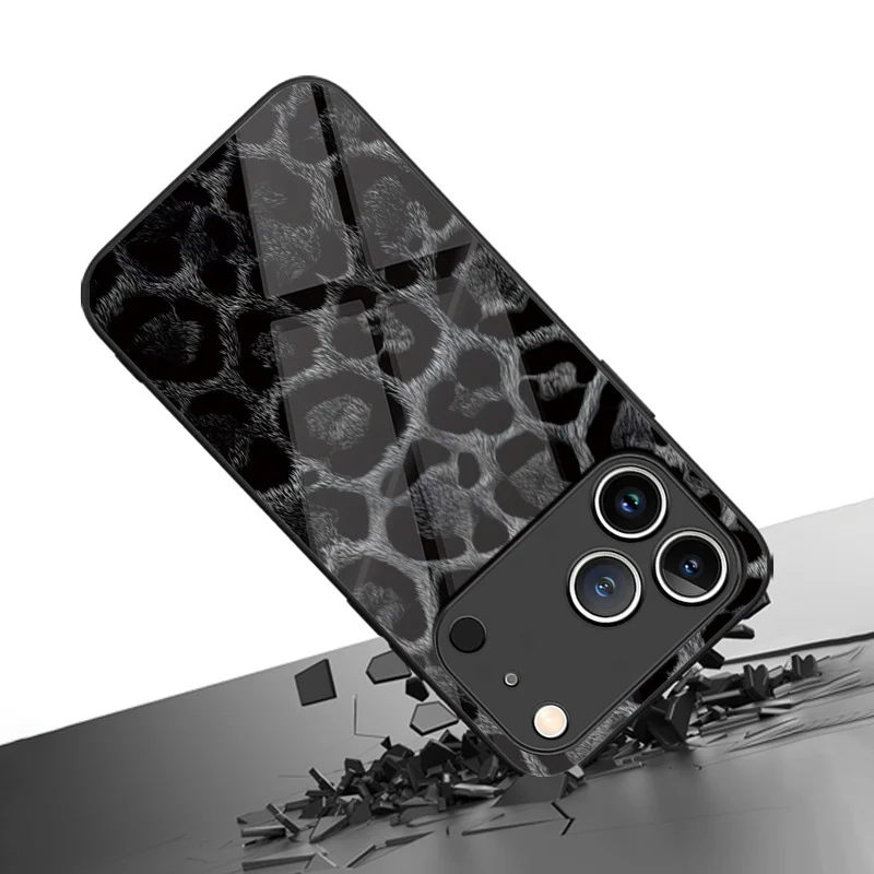Фото Черно-белый чехол с леопардовым принтом для iPhone 17e, 17, 16, 15, 14, 13, 12 Mini, 11 Air, Pro, XS Max, XR, X Plus, стеклянная силиконовая рамка, задняя крышка №2